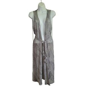 Chicos Duster Size Large Gray Sheer Lace Floral Open Front Travel Work Fairy